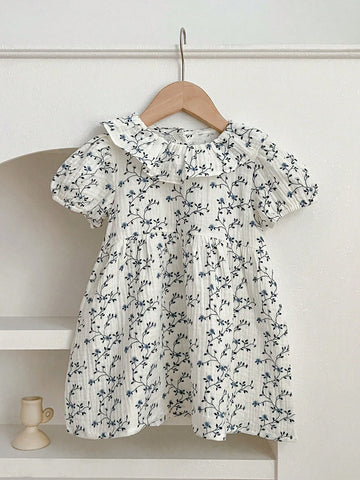 Summer Blue Printed Short Sleeve Baby Romper Dress For Toddler Girls