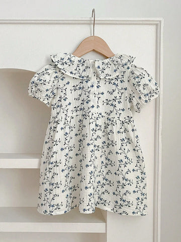 Summer Blue Printed Short Sleeve Baby Romper Dress For Toddler Girls