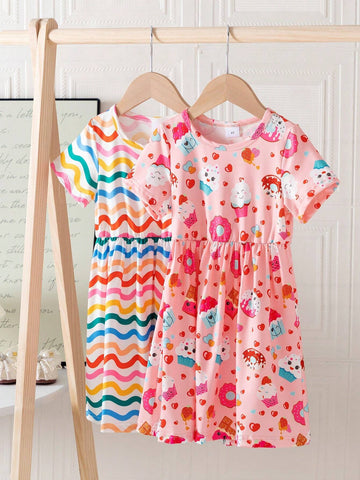 Summer Cartoon Allover Print Round Neck Fashionable Dress And Belt Two-Piece Set