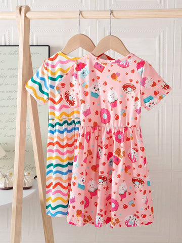 Summer Cartoon Allover Print Round Neck Fashionable Dress And Belt Two-Piece Set