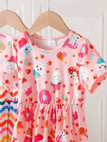 Summer Cartoon Allover Print Round Neck Fashionable Dress And Belt Two-Piece Set