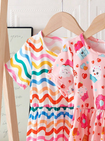 Summer Cartoon Allover Print Round Neck Fashionable Dress And Belt Two-Piece Set