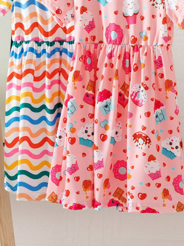 Summer Cartoon Allover Print Round Neck Fashionable Dress And Belt Two-Piece Set