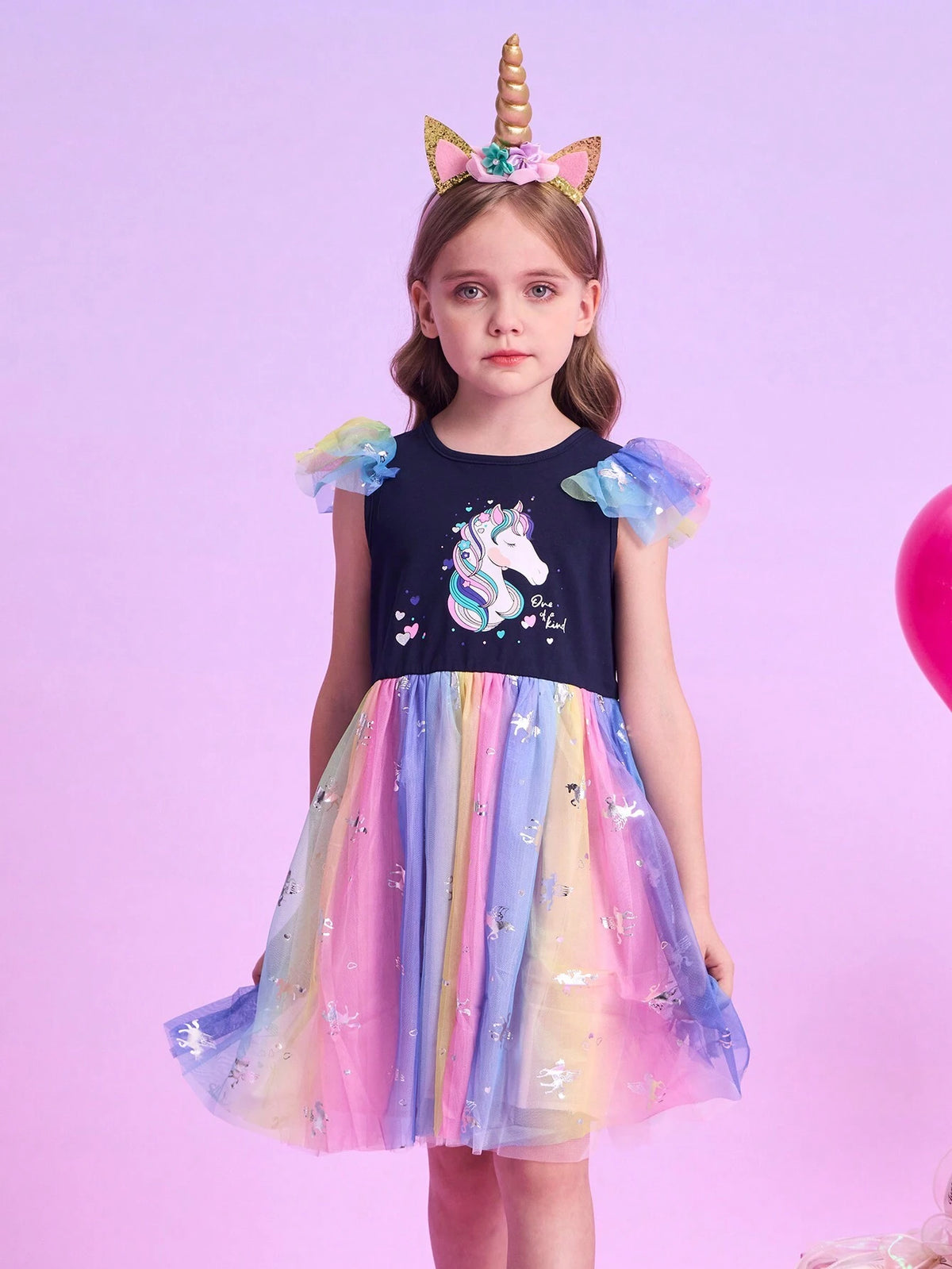 Summer Cartoon Girls Dresses Unicorn Print Children Clothing Mesh Flying Sleeve Princess Birthday Party Dress Young Girl Vacation Casual Wear