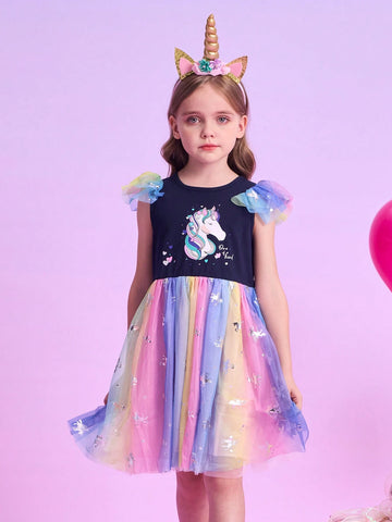 Summer Cartoon Girls Dresses Unicorn Print Children Clothing Mesh Flying Sleeve Princess Birthday Party Dress Young Girl Vacation Casual Wear