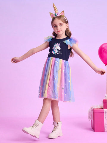 Summer Cartoon Girls Dresses Unicorn Print Children Clothing Mesh Flying Sleeve Princess Birthday Party Dress Young Girl Vacation Casual Wear