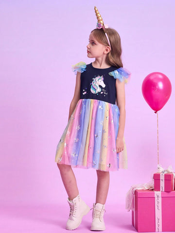 Summer Cartoon Girls Dresses Unicorn Print Children Clothing Mesh Flying Sleeve Princess Birthday Party Dress Young Girl Vacation Casual Wear
