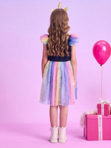 Summer Cartoon Girls Dresses Unicorn Print Children Clothing Mesh Flying Sleeve Princess Birthday Party Dress Young Girl Vacation Casual Wear