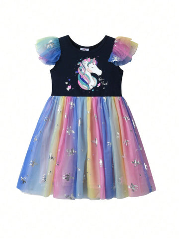 Summer Cartoon Girls Dresses Unicorn Print Children Clothing Mesh Flying Sleeve Princess Birthday Party Dress Young Girl Vacation Casual Wear