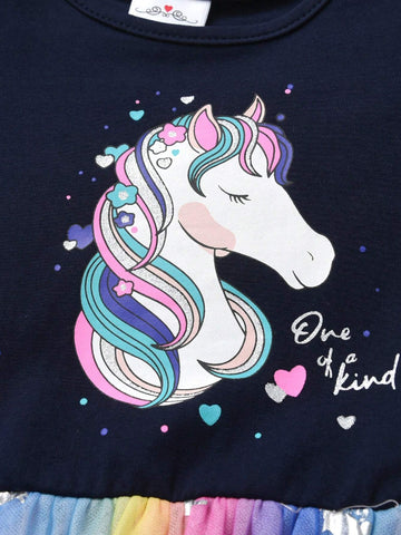 Summer Cartoon Girls Dresses Unicorn Print Children Clothing Mesh Flying Sleeve Princess Birthday Party Dress Young Girl Vacation Casual Wear