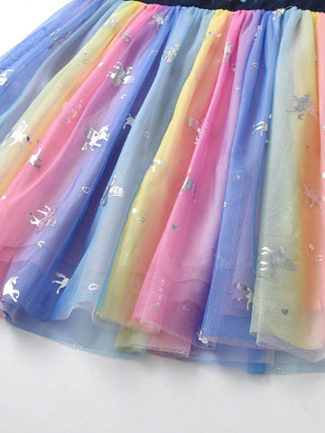 Summer Cartoon Girls Dresses Unicorn Print Children Clothing Mesh Flying Sleeve Princess Birthday Party Dress Young Girl Vacation Casual Wear
