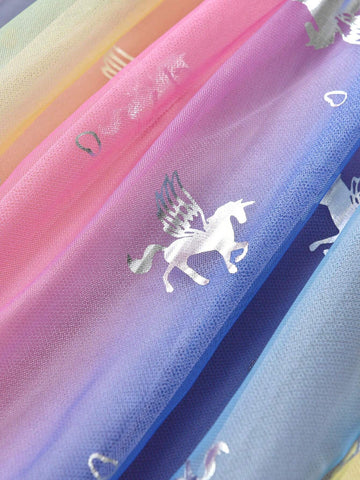 Summer Cartoon Girls Dresses Unicorn Print Children Clothing Mesh Flying Sleeve Princess Birthday Party Dress Young Girl Vacation Casual Wear