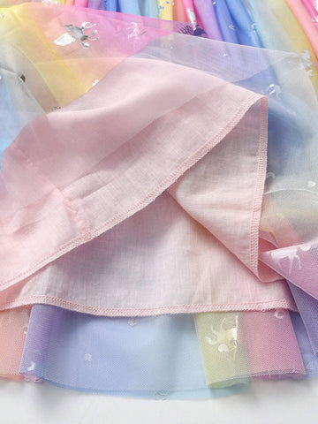 Summer Cartoon Girls Dresses Unicorn Print Children Clothing Mesh Flying Sleeve Princess Birthday Party Dress Young Girl Vacation Casual Wear