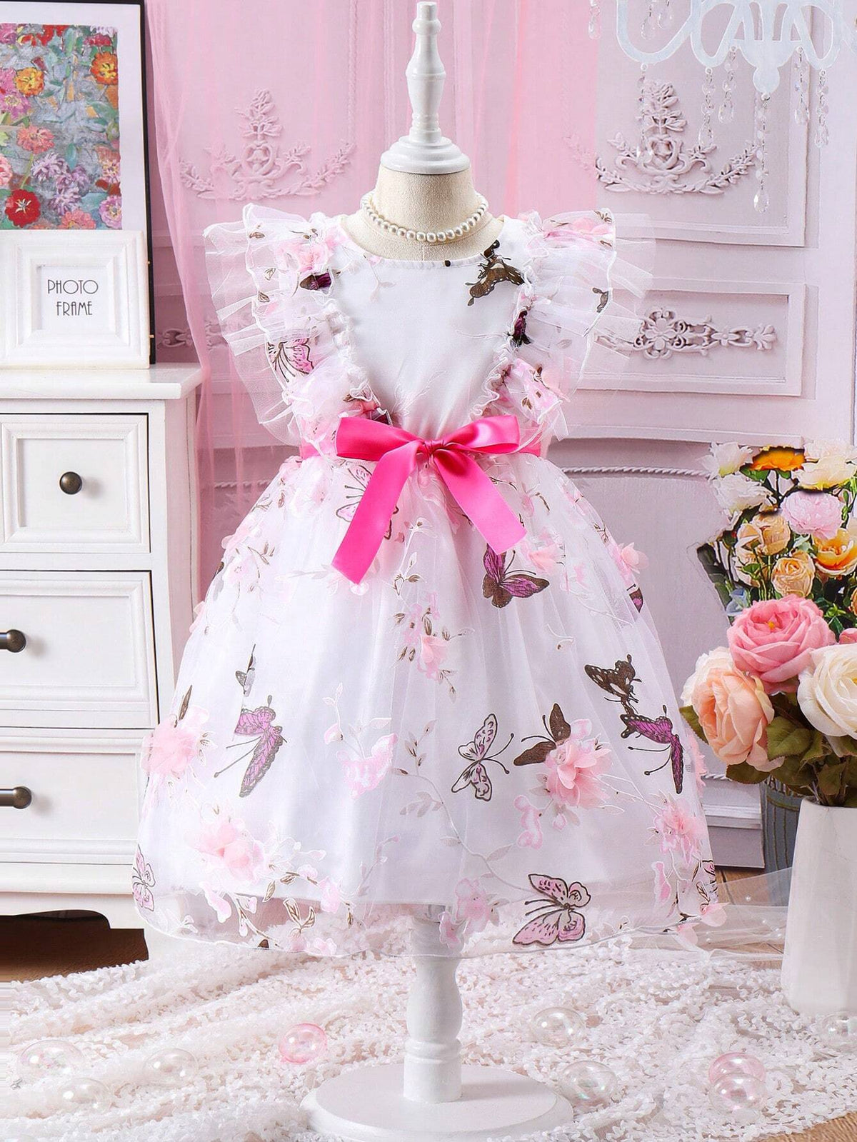 Summer Casual Butterfly Printed Mesh Tulle Hem Adorable Dress With Lace Trim For Young Girls