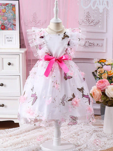 Summer Casual Butterfly Printed Mesh Tulle Hem Adorable Dress With Lace Trim For Young Girls