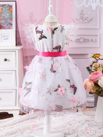 Summer Casual Butterfly Printed Mesh Tulle Hem Adorable Dress With Lace Trim For Young Girls