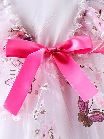 Summer Casual Butterfly Printed Mesh Tulle Hem Adorable Dress With Lace Trim For Young Girls