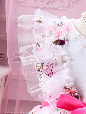 Summer Casual Butterfly Printed Mesh Tulle Hem Adorable Dress With Lace Trim For Young Girls