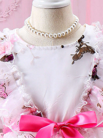 Summer Casual Butterfly Printed Mesh Tulle Hem Adorable Dress With Lace Trim For Young Girls