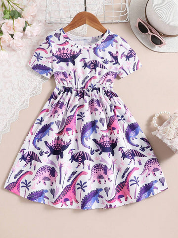 Summer Casual Cute Dinosaur Cartoon Printed Short Sleeve Round Neck Dress For Little Girls
