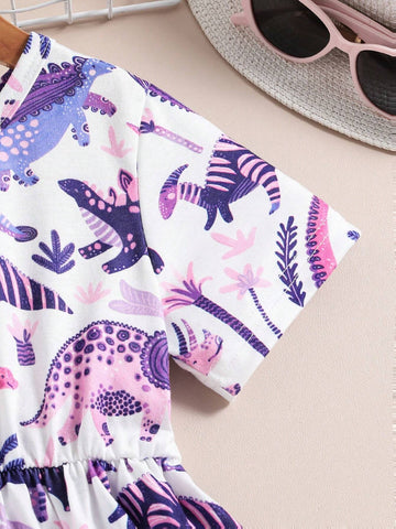 Summer Casual Cute Dinosaur Cartoon Printed Short Sleeve Round Neck Dress For Little Girls