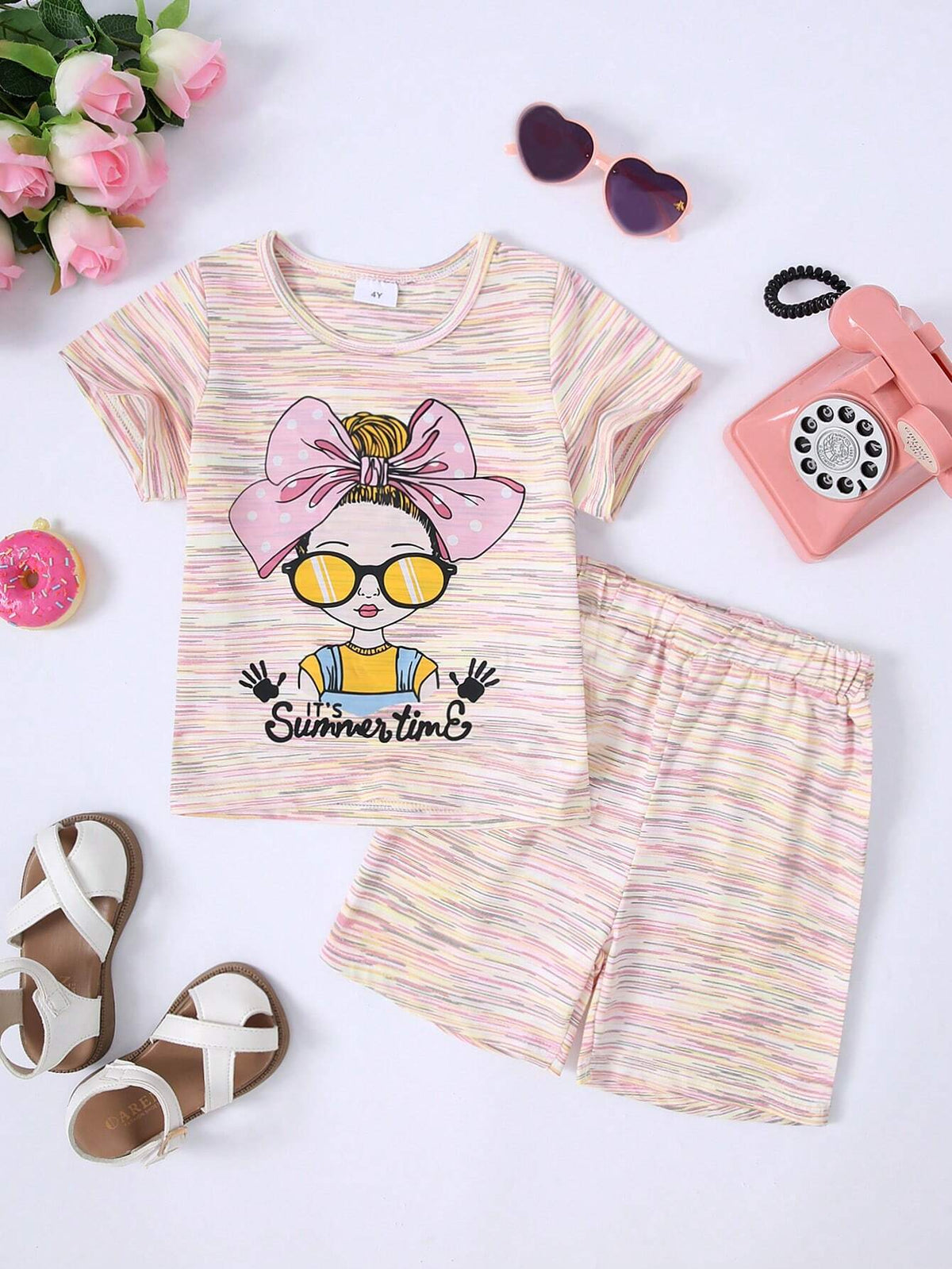 Summer Casual Fashion Girls' Printed Short Sleeve T-Shirt And Pink Shorts Set