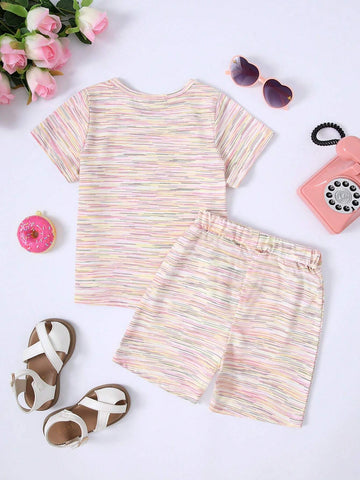 Summer Casual Fashion Girls' Printed Short Sleeve T-Shirt And Pink Shorts Set