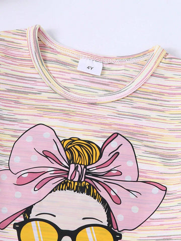 Summer Casual Fashion Girls' Printed Short Sleeve T-Shirt And Pink Shorts Set