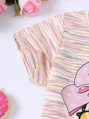 Summer Casual Fashion Girls' Printed Short Sleeve T-Shirt And Pink Shorts Set