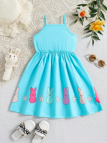 Summer Casual Girls' Blue Rabbit Cartoon Pattern Fresh Style Dress