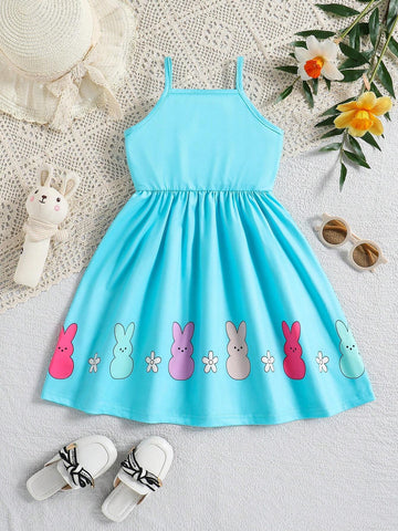 Summer Casual Girls' Blue Rabbit Cartoon Pattern Fresh Style Dress