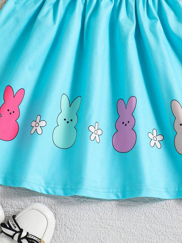 Summer Casual Girls' Blue Rabbit Cartoon Pattern Fresh Style Dress