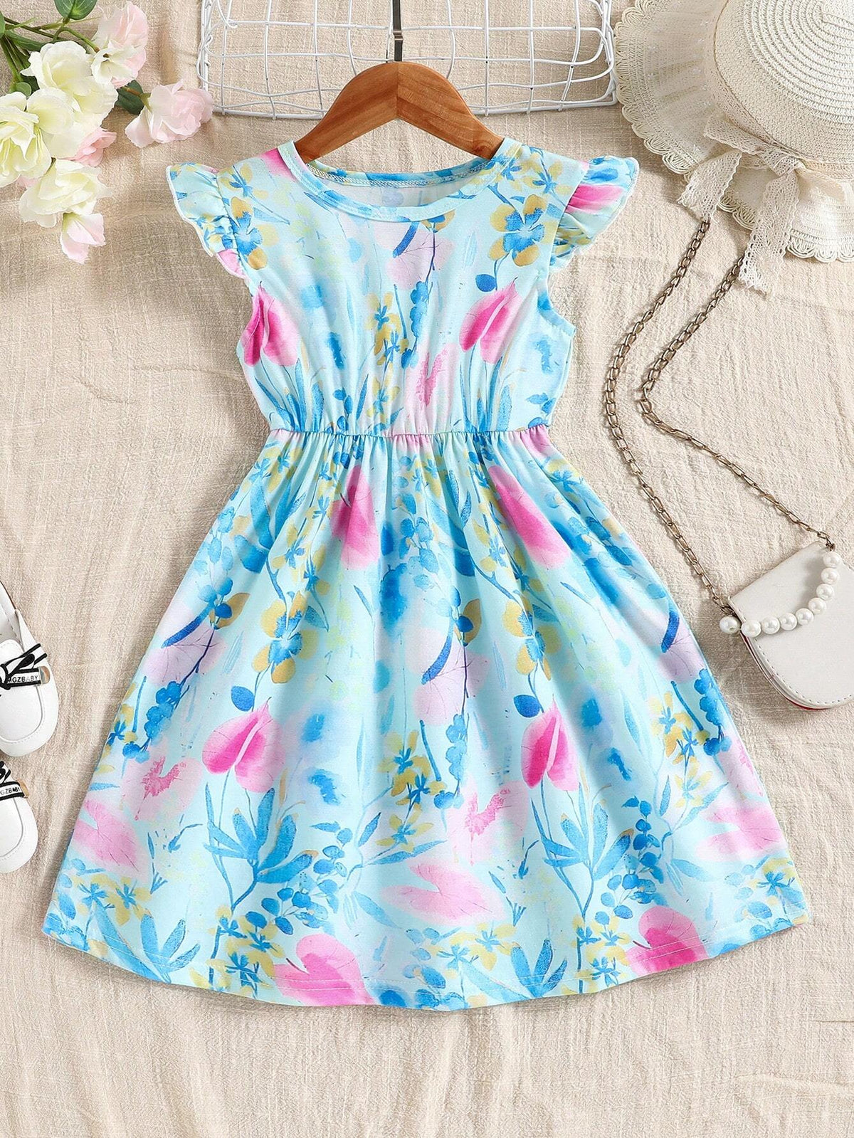 Summer Casual Girls' Cap Sleeve Floral Print Round Neck Prairie Dress
