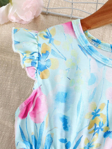 Summer Casual Girls' Cap Sleeve Floral Print Round Neck Prairie Dress