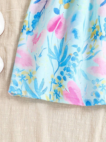 Summer Casual Girls' Cap Sleeve Floral Print Round Neck Prairie Dress
