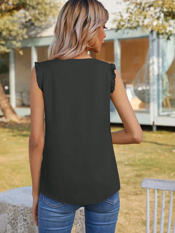 Summer Casual Solid Color Round Neck Pleated Sleeveless Blouse
