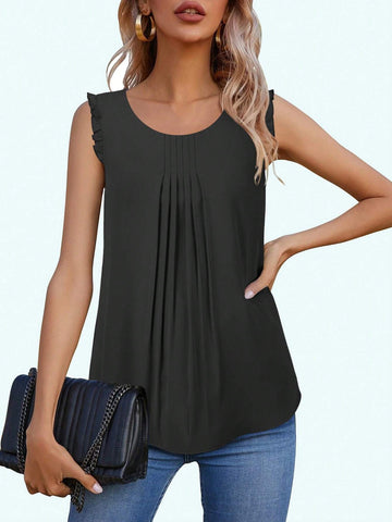 Summer Casual Solid Color Round Neck Pleated Sleeveless Blouse