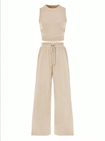 Summer Casual Solid Color Ruched Slim Fit Top And Casual Long Pants Set
