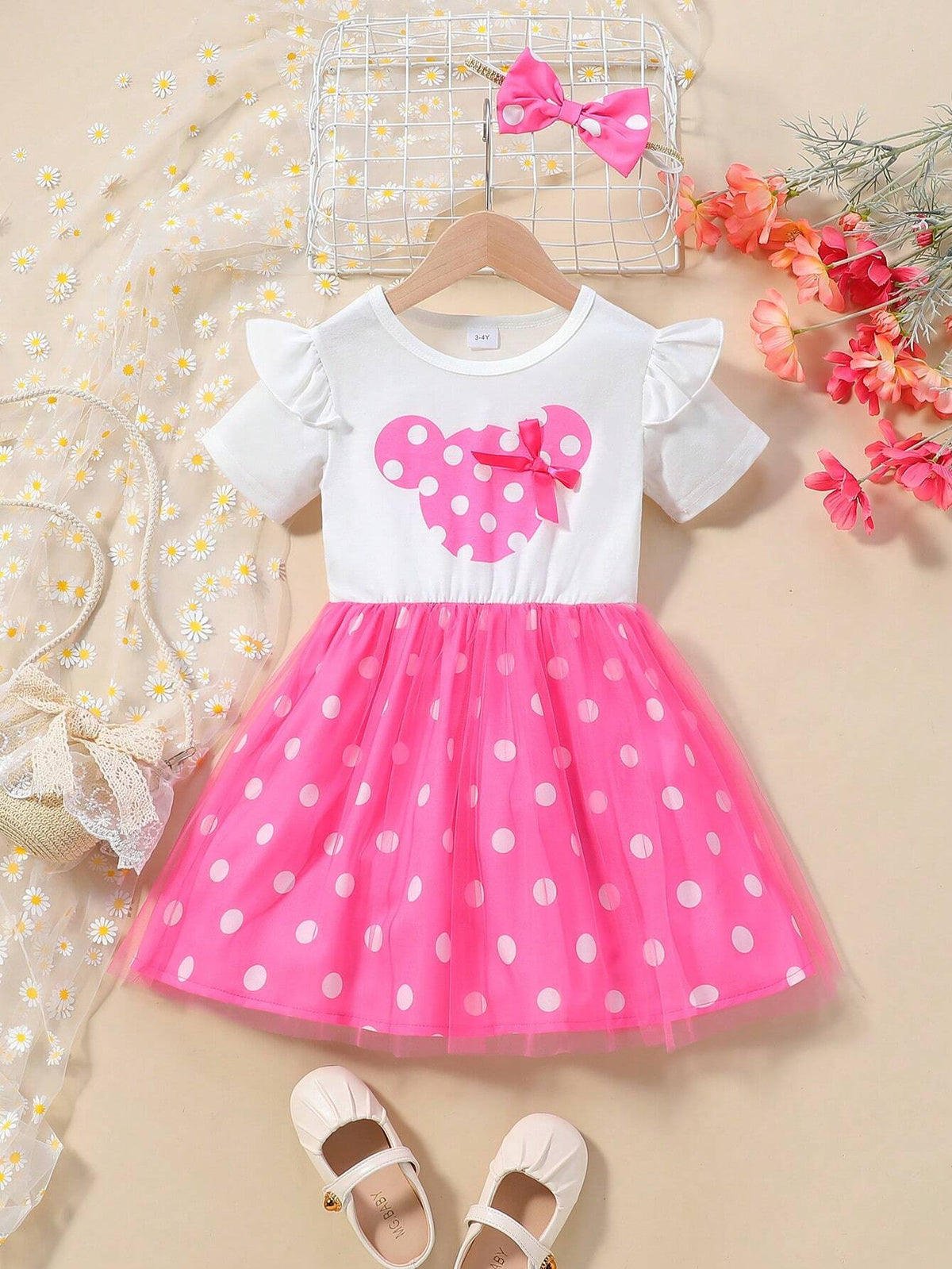 Summer Cute And Stylish Toddler Girls' Butterfly Polka Dots Net Yarn Dress With Short Sleeves