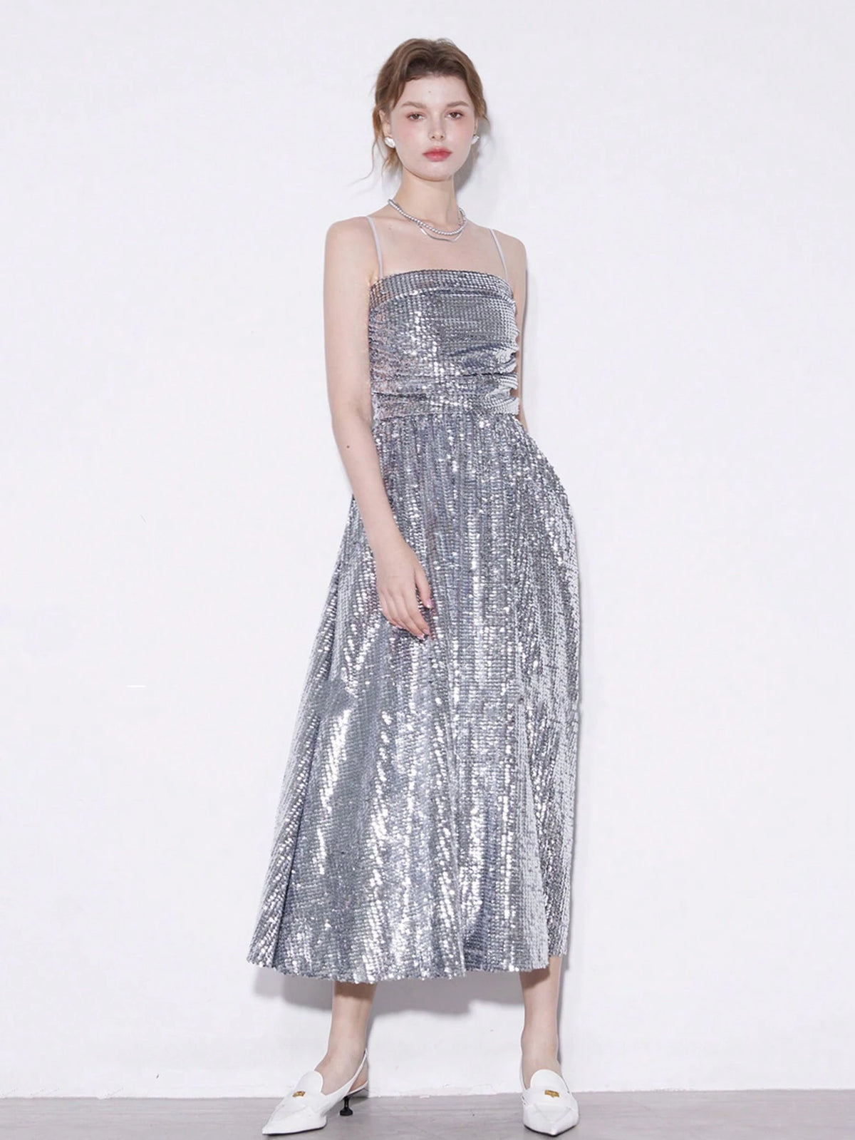 Summer Dress With Glitter Trim, Pleated, High Waisted Adjustable Straps