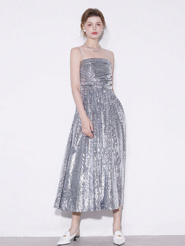 Summer Dress With Glitter Trim, Pleated, High Waisted Adjustable Straps