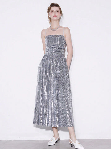 Summer Dress With Glitter Trim, Pleated, High Waisted Adjustable Straps