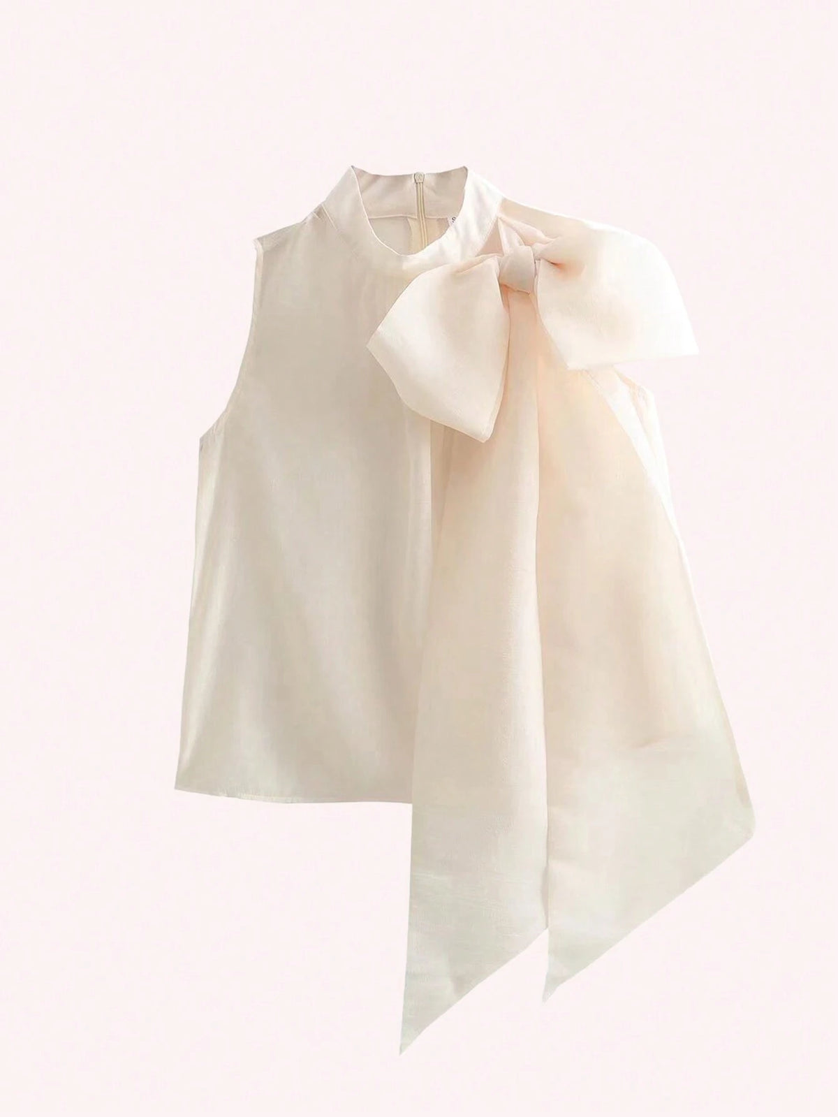 Summer Elegant Apricot Stand Collar Semi-Sheer Sleeveless Blouse With  Sash Belt