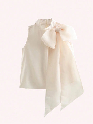 Summer Elegant Apricot Stand Collar Semi-Sheer Sleeveless Blouse With  Sash Belt