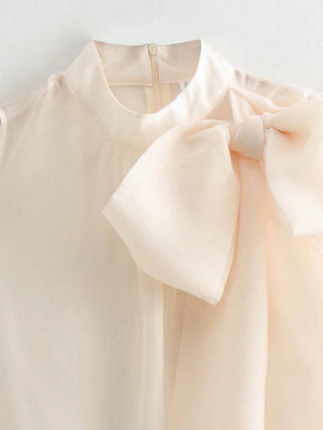 Summer Elegant Apricot Stand Collar Semi-Sheer Sleeveless Blouse With  Sash Belt