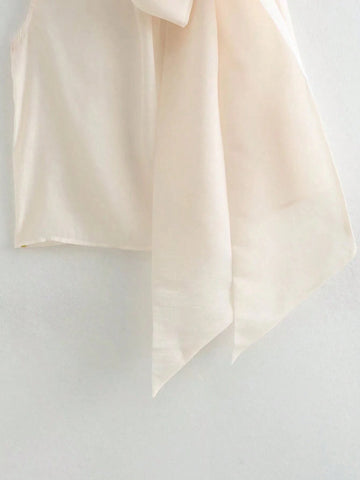 Summer Elegant Apricot Stand Collar Semi-Sheer Sleeveless Blouse With  Sash Belt