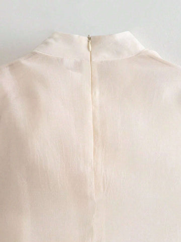 Summer Elegant Apricot Stand Collar Semi-Sheer Sleeveless Blouse With  Sash Belt