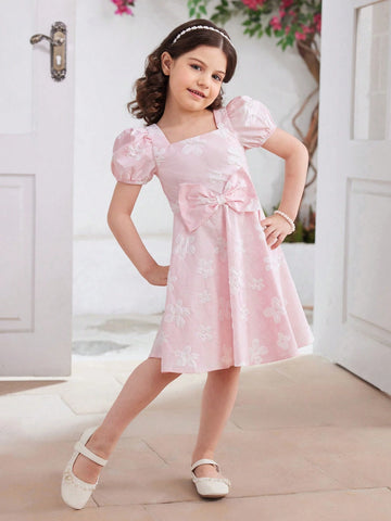Summer Elegant Floral Jacquard Puff Sleeve Dress With Bow Decoration For Young Girls