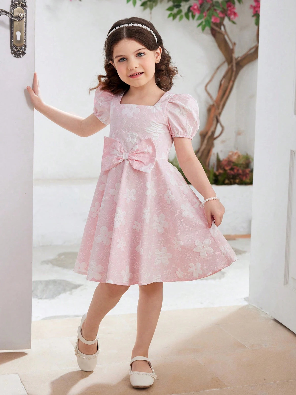 Summer Elegant Floral Jacquard Puff Sleeve Dress With Bow Decoration For Young Girls