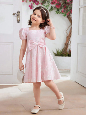 Summer Elegant Floral Jacquard Puff Sleeve Dress With Bow Decoration For Young Girls